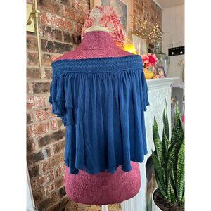 Free People Womens Blue Smocked Off-Shoulder Top With Ruffle Sleeves